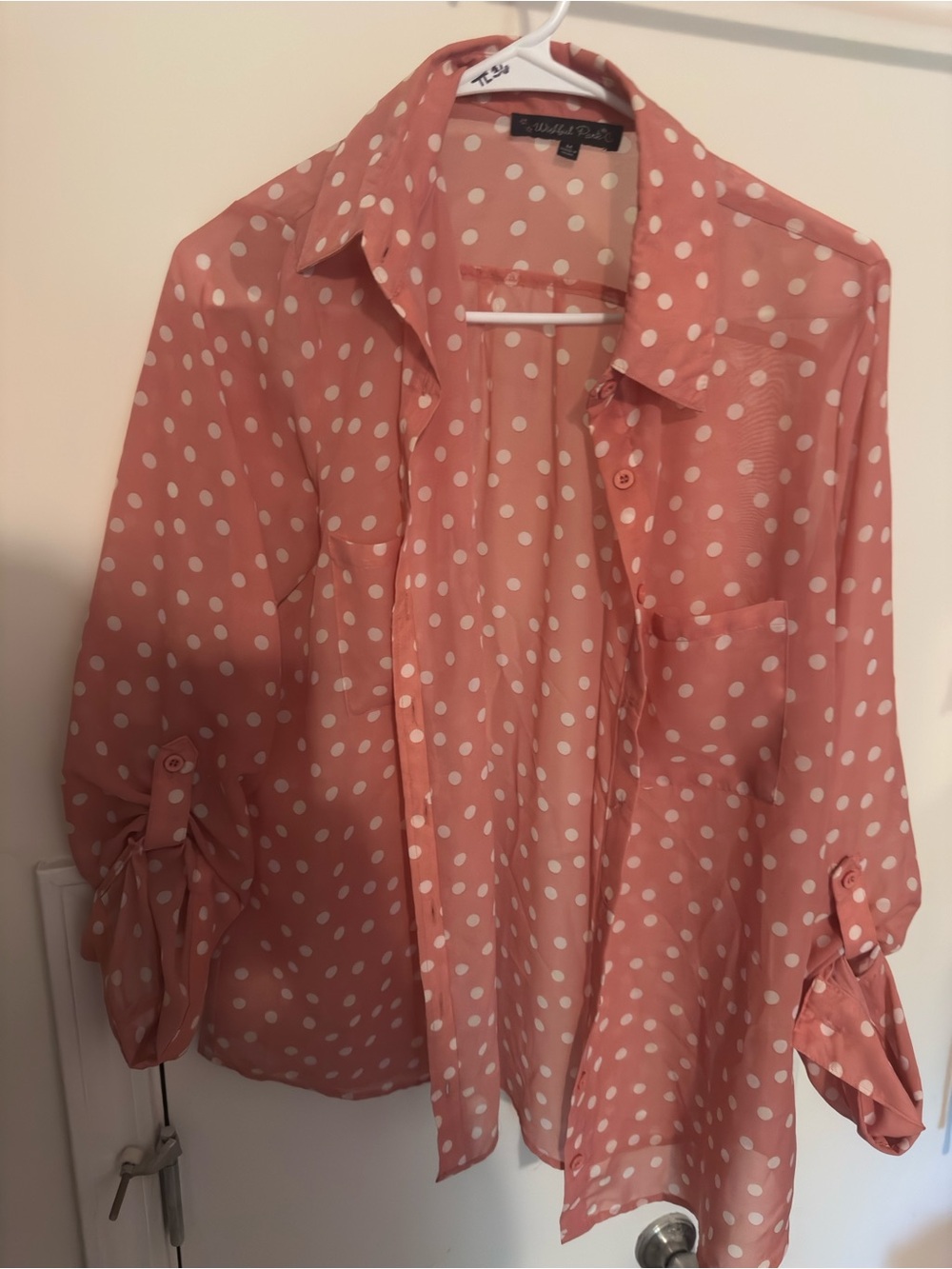 Wishful Park Coral and White Polka Dot Blouse